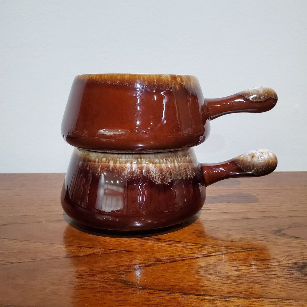 2 McCoy 7054 brown drip handled Onion/Chili/Soup Bowls -Glaze Drip‎ Pottery